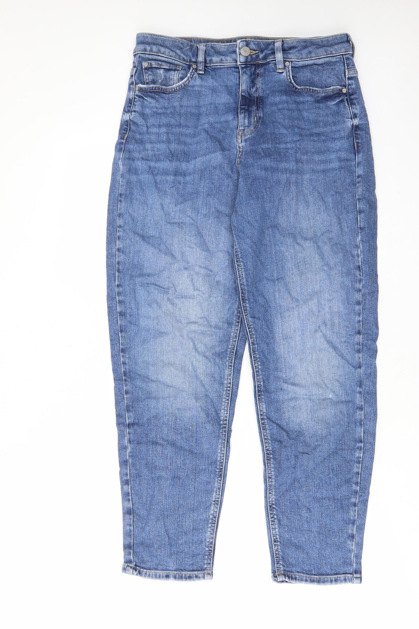 Marks and Spencer Womens Blue Cotton Mom Jeans Size 12 L27 in Regular Zip - Pockets, Belt Loops