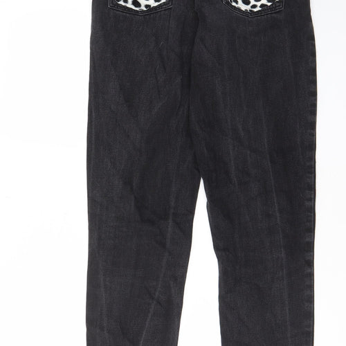Topshop Womens Black Cotton Straight Jeans Size 26 in L34 in Regular Zip - Pockets, Belt Loops, Animal print pockets
