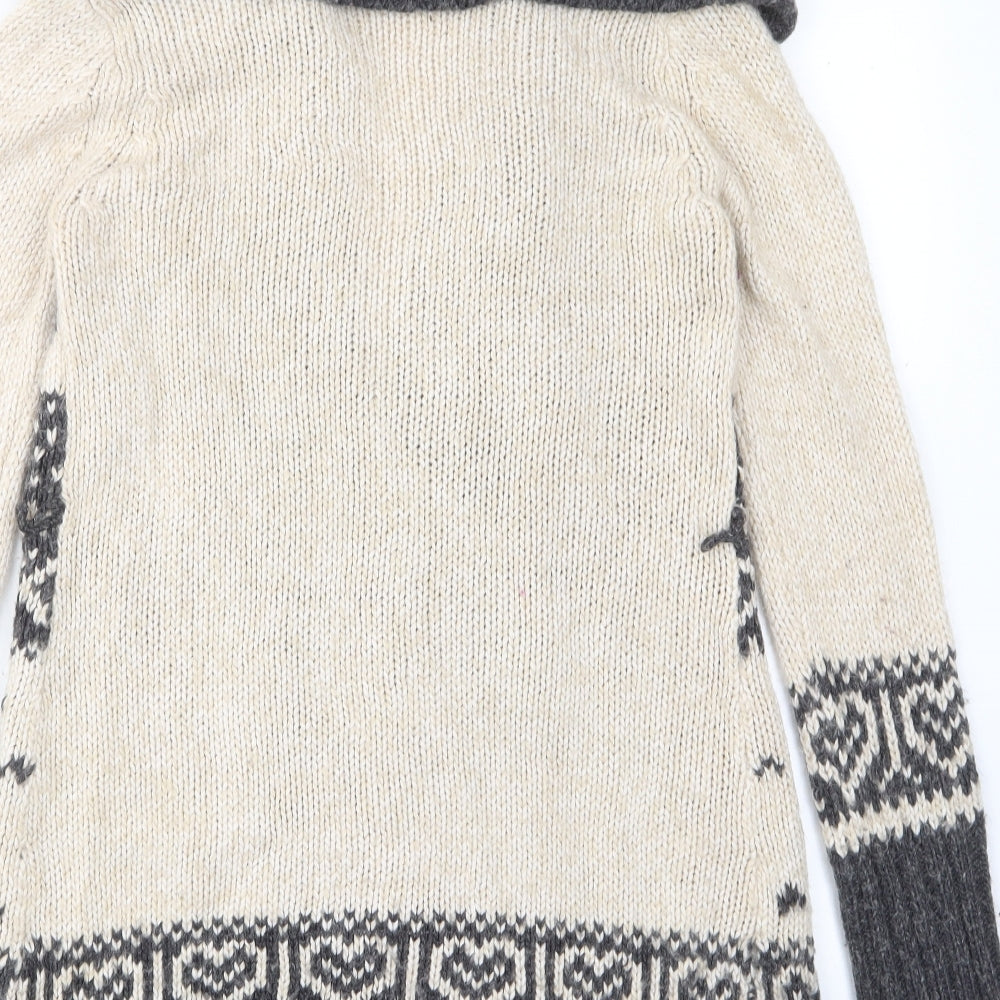 New Look Womens Beige V-Neck Geometric Acrylic Cardigan Jumper Size 10 - Open