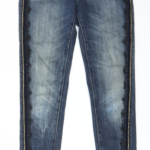Fracomina Womens Blue Cotton Skinny Jeans Size 26 in L28 in Regular Zip - Pockets, Belt Loops, Lace, Embroided
