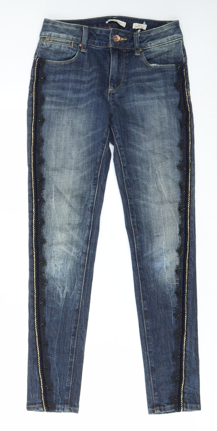 Fracomina Womens Blue Cotton Skinny Jeans Size 26 in L28 in Regular Zip - Pockets, Belt Loops, Lace, Embroided