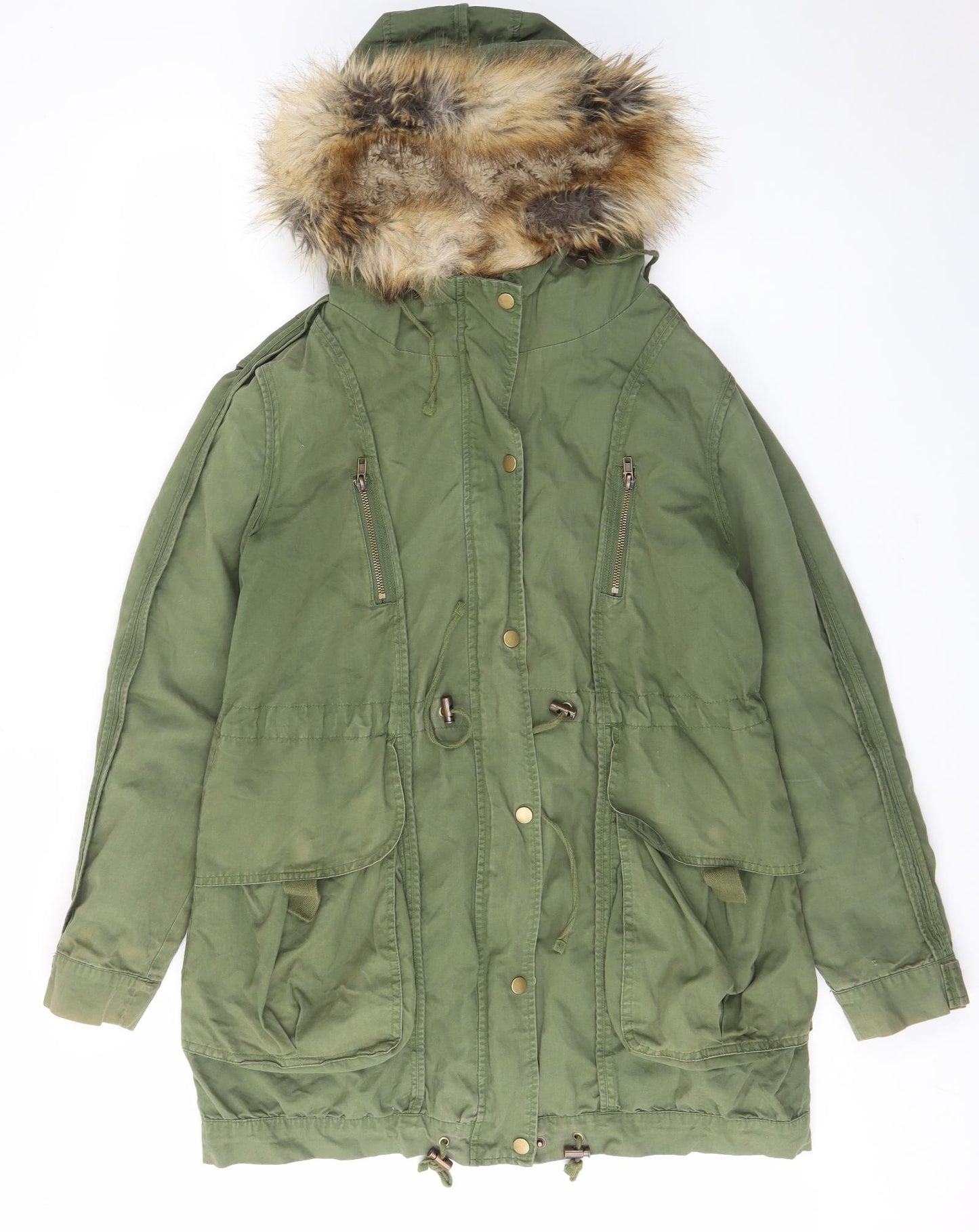 ASOS Womens Green Parka Coat Size 10 Zip - Fur hood, Buttons, Pockets, Zips, Lined