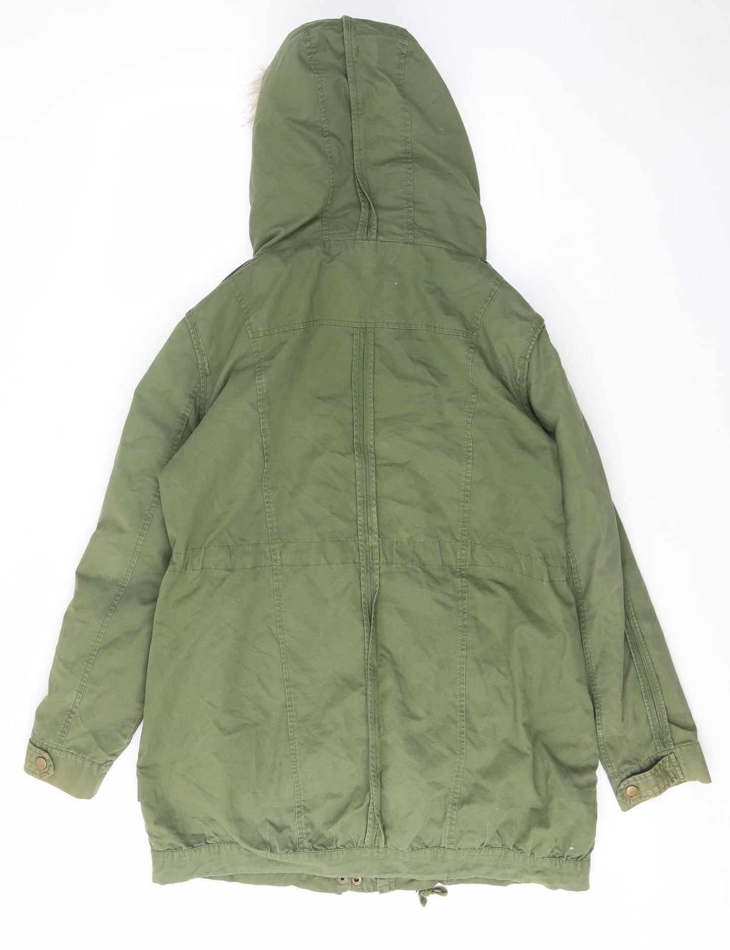 ASOS Womens Green Parka Coat Size 10 Zip - Fur hood, Buttons, Pockets, Zips, Lined