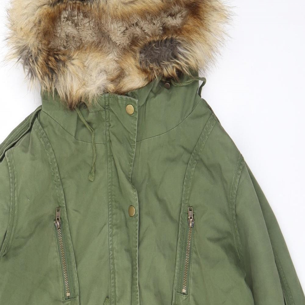 ASOS Womens Green Parka Coat Size 10 Zip - Fur hood, Buttons, Pockets, Zips, Lined