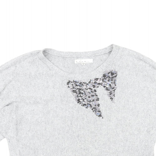B+ab Womens Grey Round Neck Cotton Pullover Jumper Size 10 - Sequin Bow Design