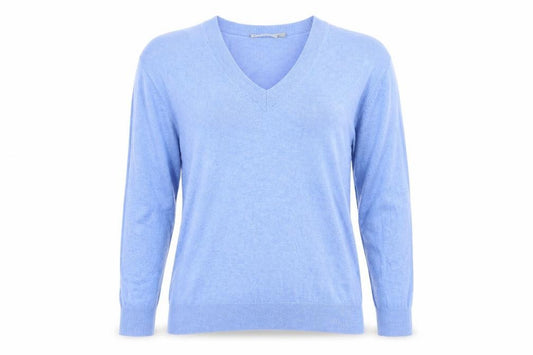 Front view of ASOS women’s blue v-neck viscose jumper, size UK 8