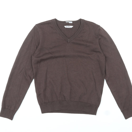 Marks and Spencer Boys Brown V-Neck Cotton Pullover Jumper Size 9-10 Years Pullover