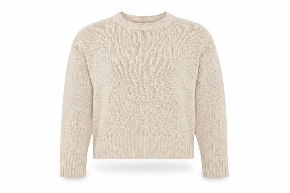 Front view of New Look women’s beige round neck acrylic jumper, size M