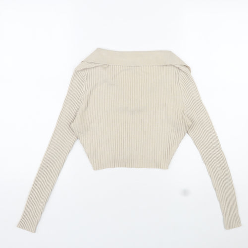 Divided by H&M Womens Beige Viscose Cropped T-Shirt Size S Collared - Ribbed