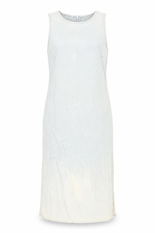 Front view of Warehouse women’s blue lyocell a-line, size UK 8, round neck zip - distressed look