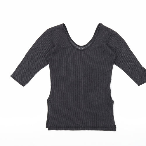 Macrowoman Womens Grey Striped Polyester Basic T-Shirt Size M Boat Neck - Thermal, Side Slit