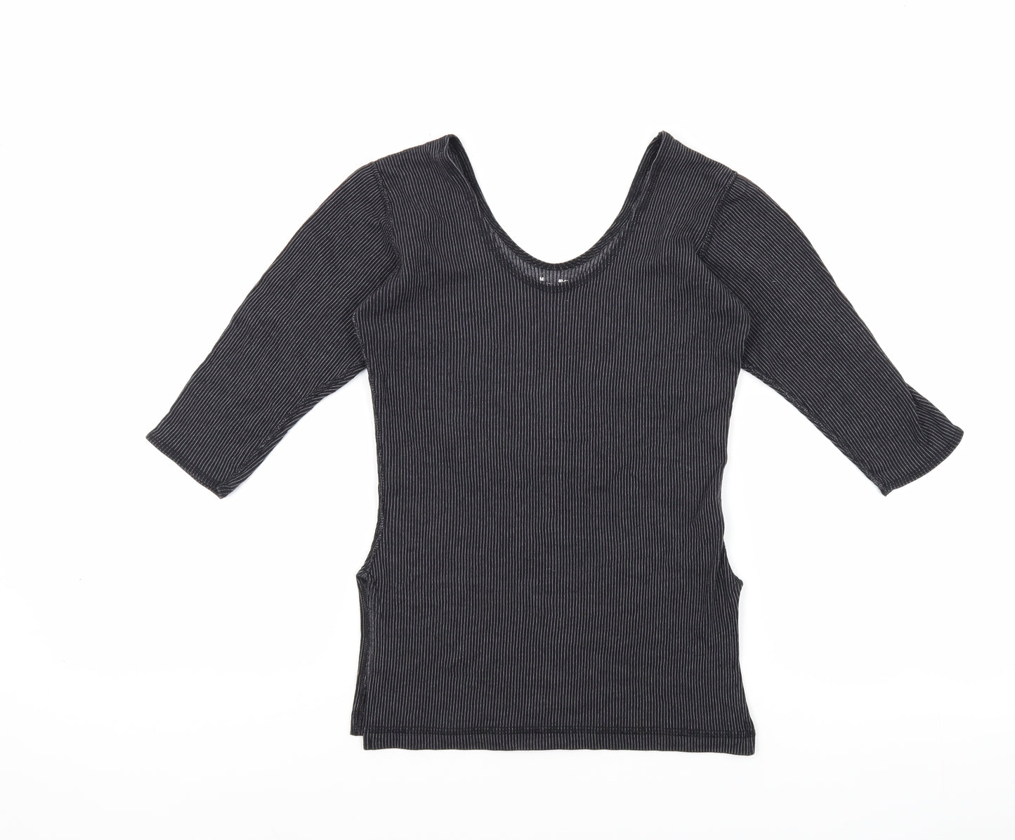 Macrowoman Womens Grey Striped Polyester Basic T-Shirt Size M Boat Neck - Thermal, Side Slit