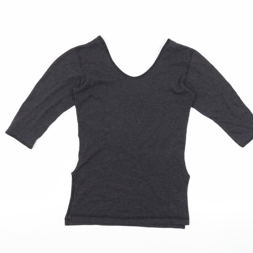 Macrowoman Womens Grey Striped Polyester Basic T-Shirt Size M Boat Neck - Thermal, Side Slit