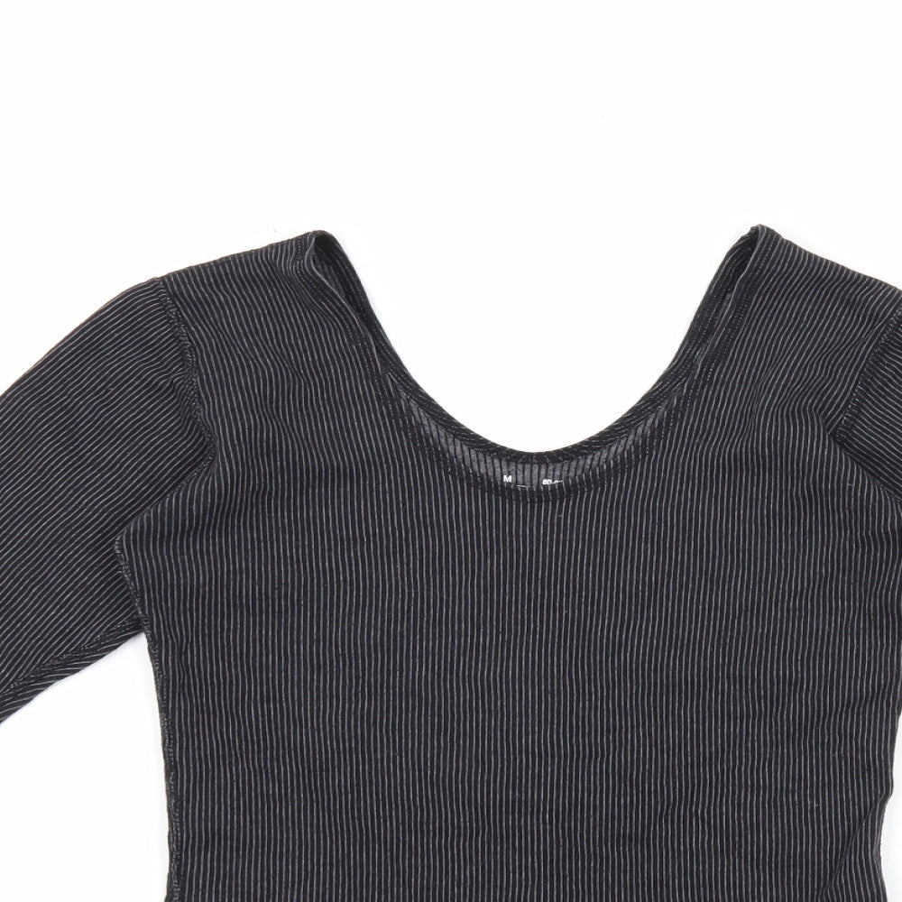 Macrowoman Womens Grey Striped Polyester Basic T-Shirt Size M Boat Neck - Thermal, Side Slit