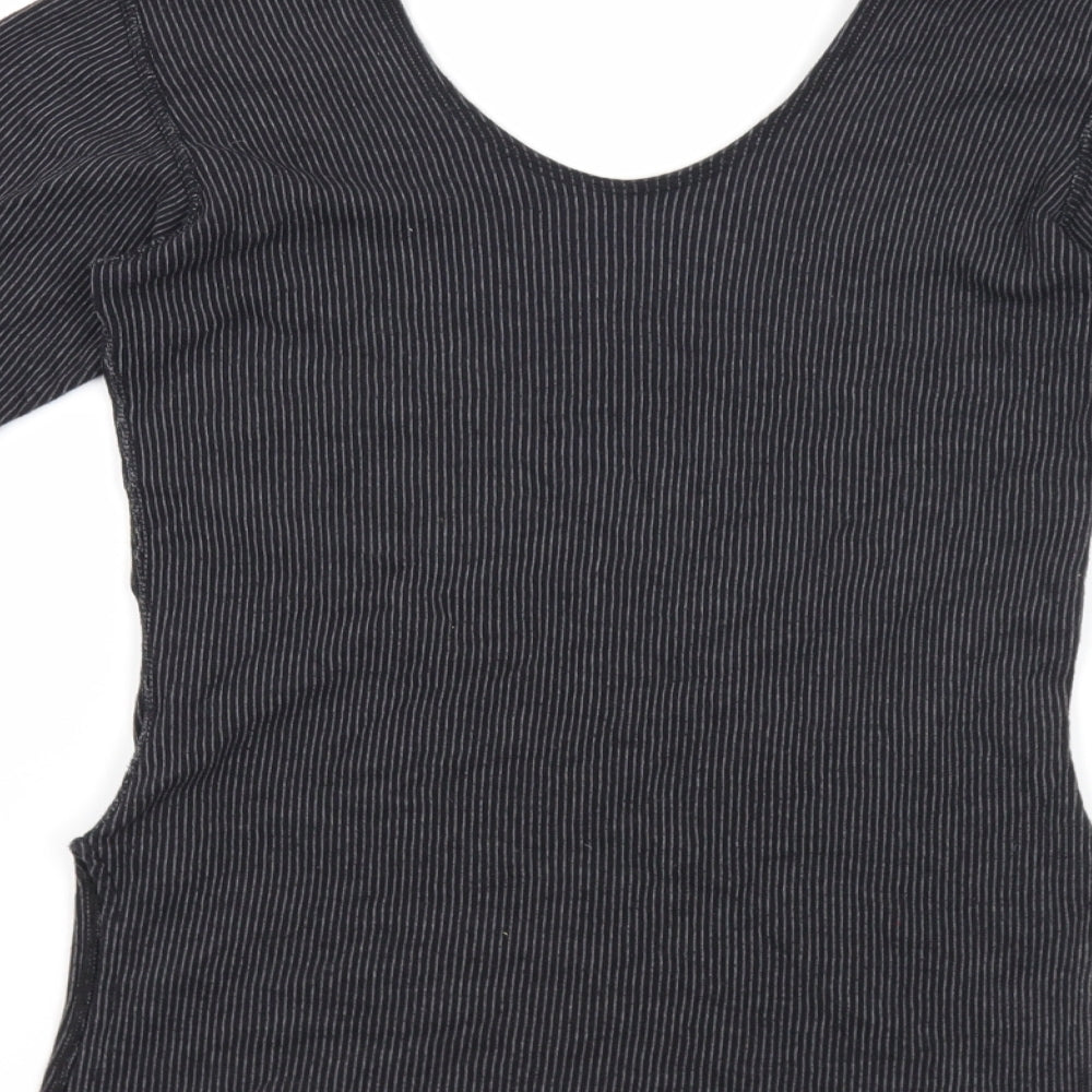 Macrowoman Womens Grey Striped Polyester Basic T-Shirt Size M Boat Neck - Thermal, Side Slit