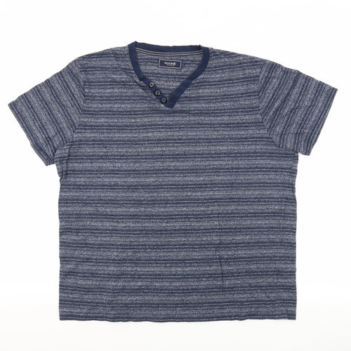 Maine New England Mens Blue Striped Cotton T-Shirt Size L V-Neck - Button Detail on Neckline