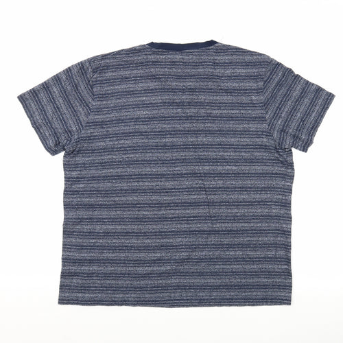 Maine New England Mens Blue Striped Cotton T-Shirt Size L V-Neck - Button Detail on Neckline