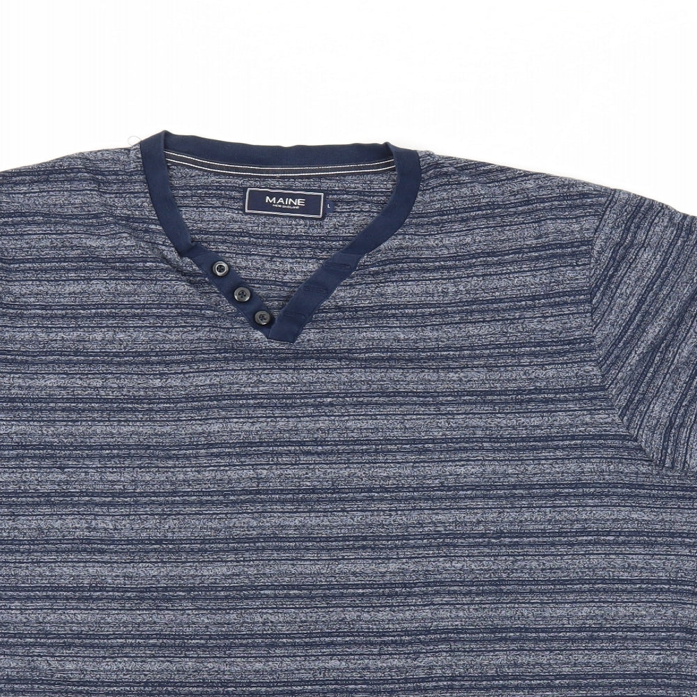 Maine New England Mens Blue Striped Cotton T-Shirt Size L V-Neck - Button Detail on Neckline