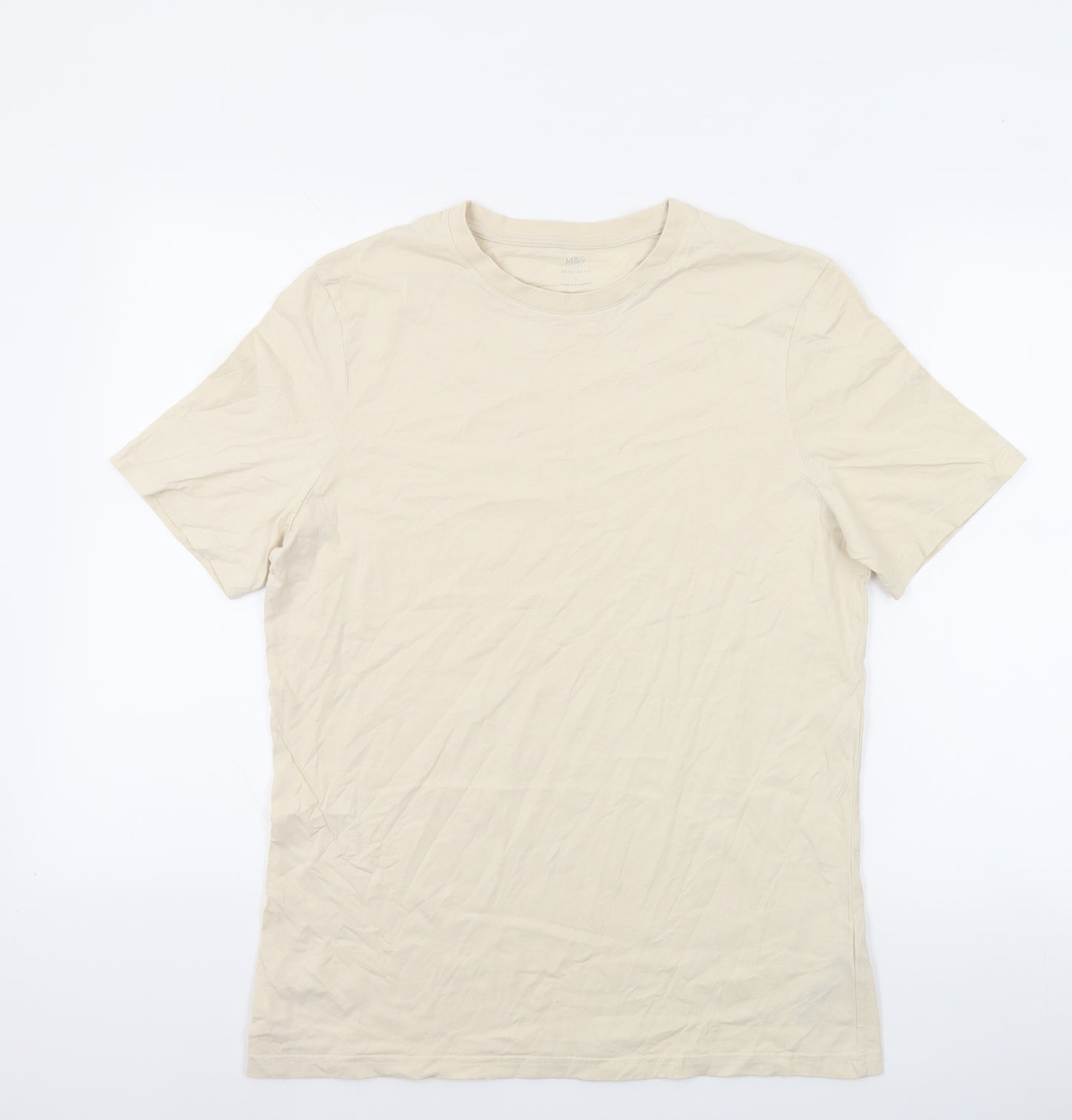 Marks and Spencer Mens Beige Cotton T-Shirt Size L Crew Neck