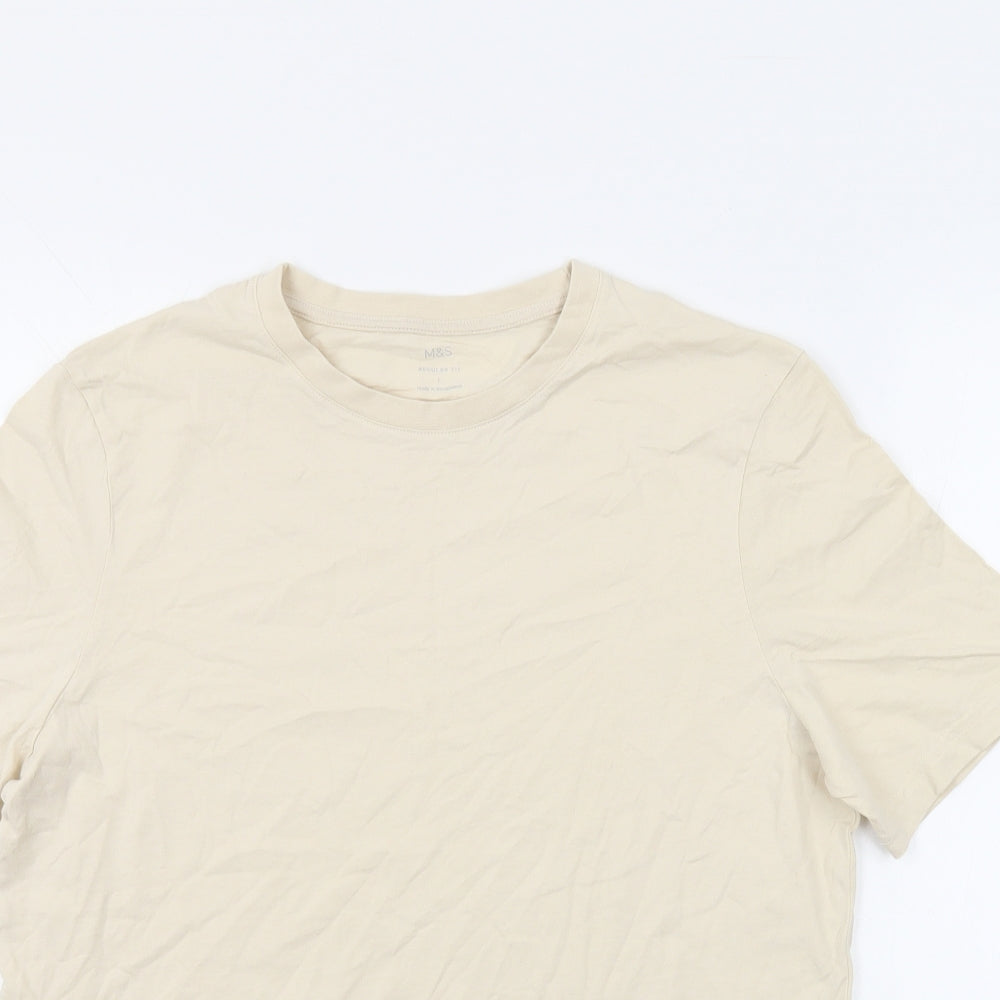 Marks and Spencer Mens Beige Cotton T-Shirt Size L Crew Neck