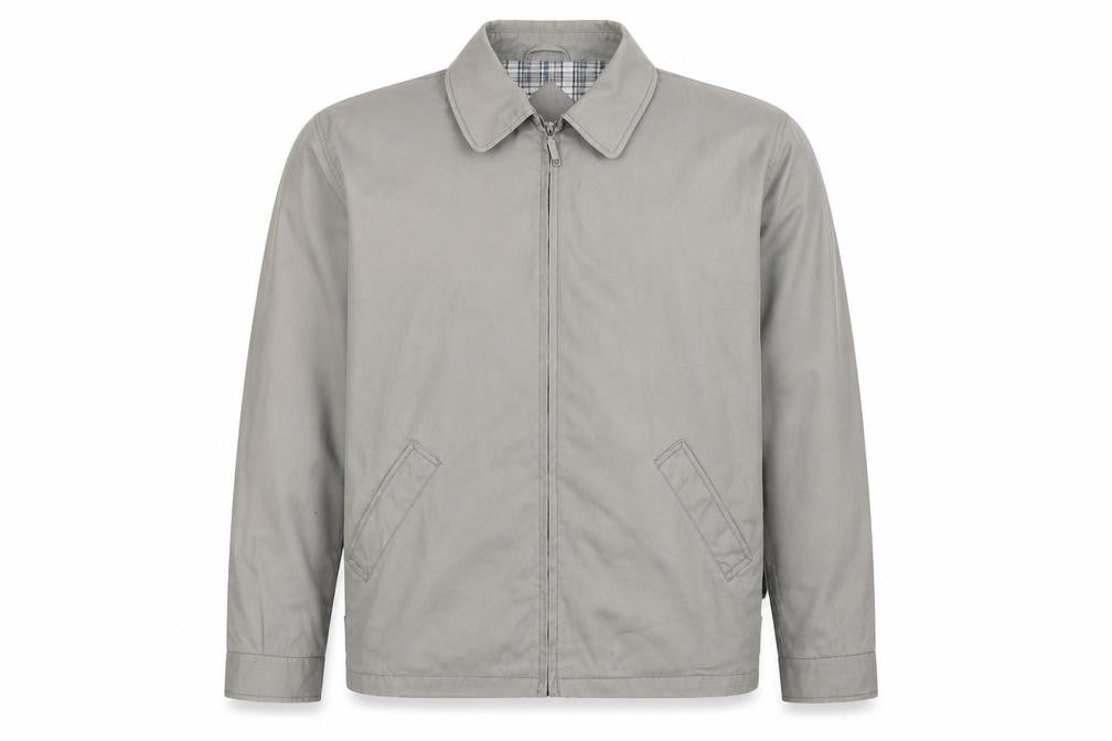 Front view of Outdoor Clothing men’s grey bomber jacket coat, size M, zip