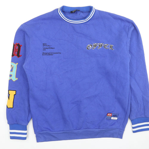 Boohoo Mens Blue Cotton Pullover Sweatshirt Size S - MAN Official Logo