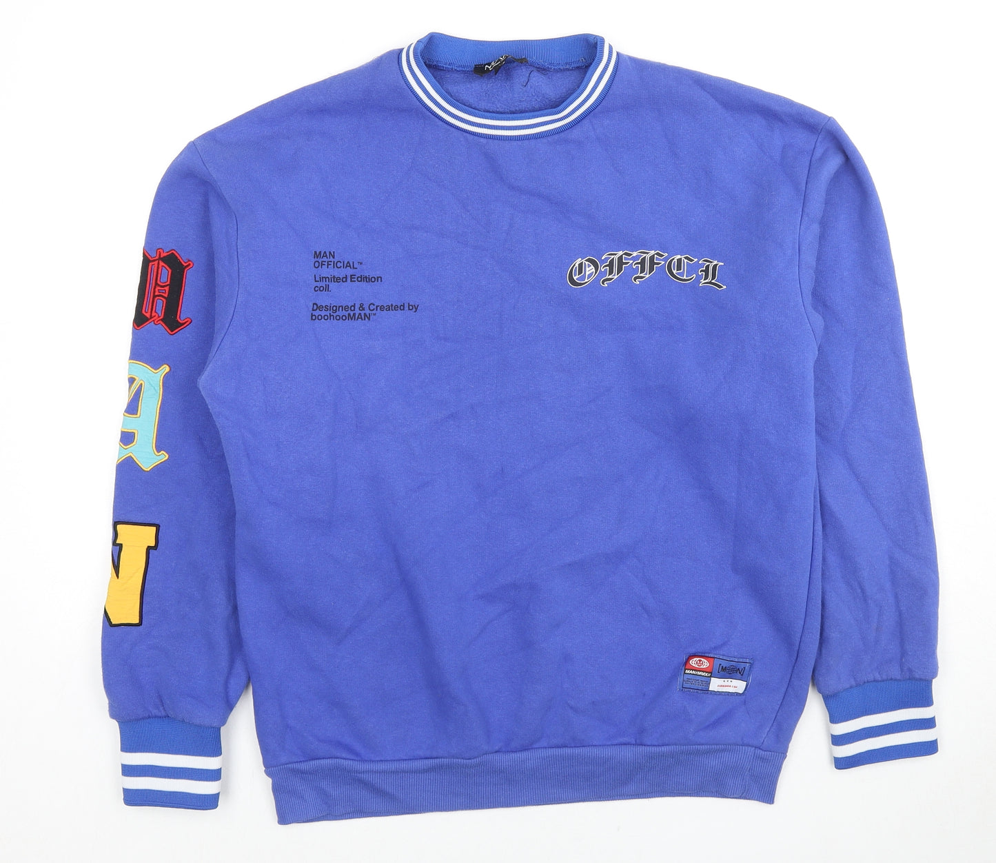 Boohoo Mens Blue Cotton Pullover Sweatshirt Size S - MAN Official Logo