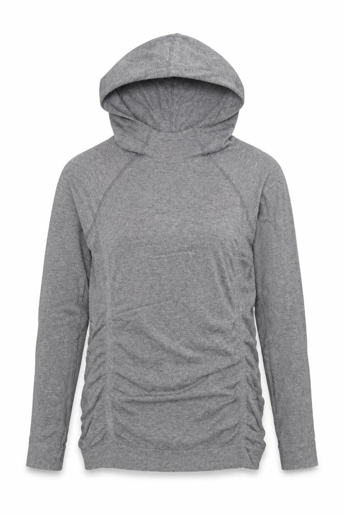 Front view of Fabletics women’s grey viscose pullover hoodie, size S, pullover