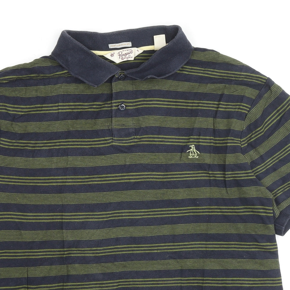 Original Penguin Mens Green Striped Cotton Polo Size XL Collared Pullover