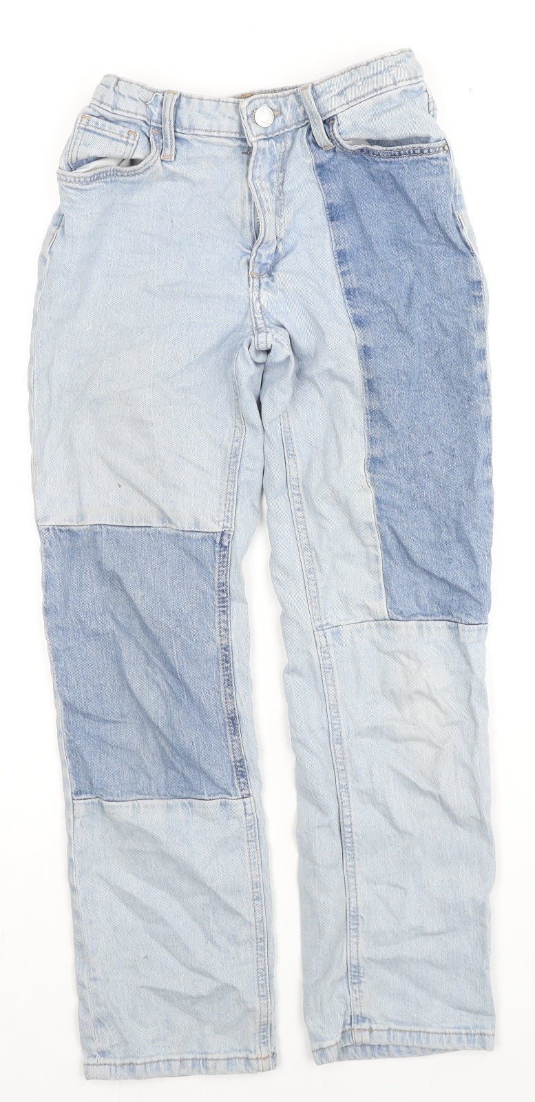 H&M Girls Blue Colourblock Cotton Straight Jeans Size 9-10 Years L24 in Regular Zip