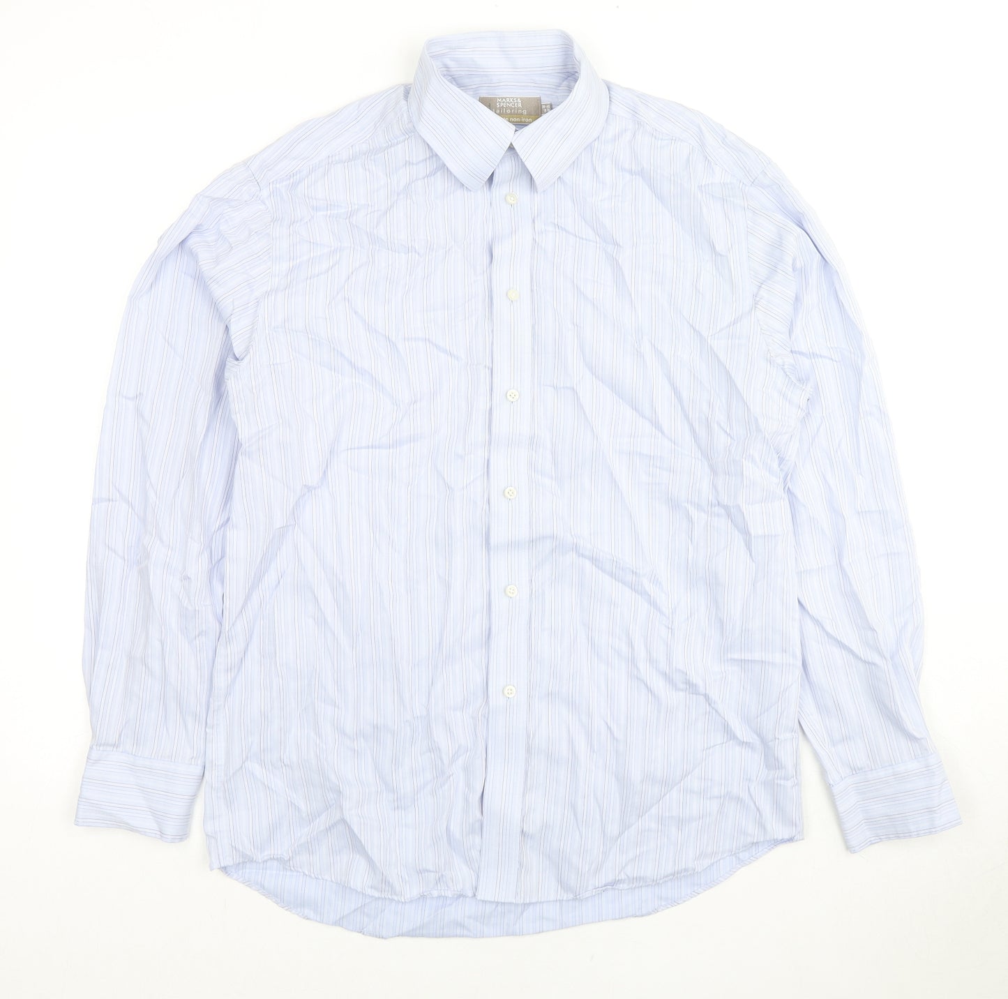 Marks and Spencer Mens Blue Striped Cotton Button-Up Size 15.5 Collared Button - Collar 15.5''