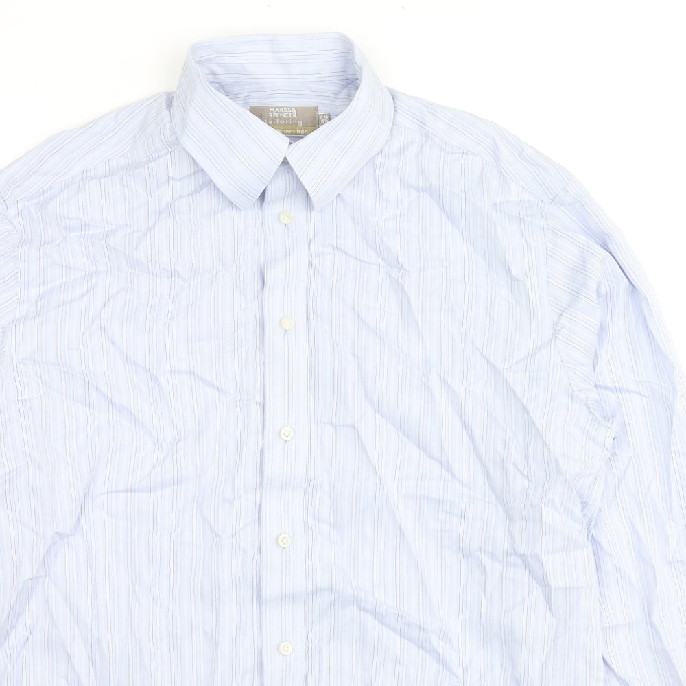Marks and Spencer Mens Blue Striped Cotton Button-Up Size 15.5 Collared Button - Collar 15.5''
