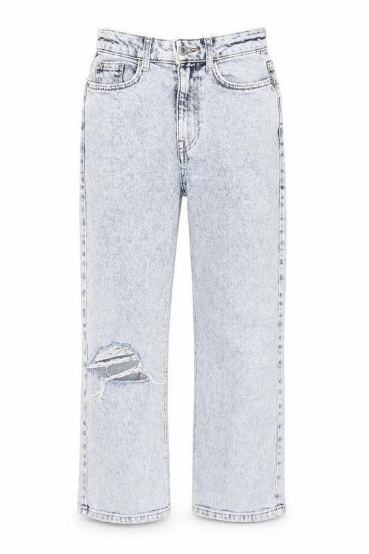 Front view of New Look women’s blue cotton straight jeans, size UK 4, 23-inch leg regular zip