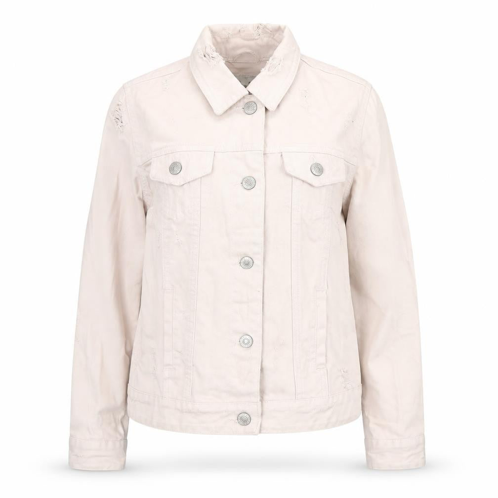 Front view of Denim & Co. women’s beige jacket, size UK 4, button