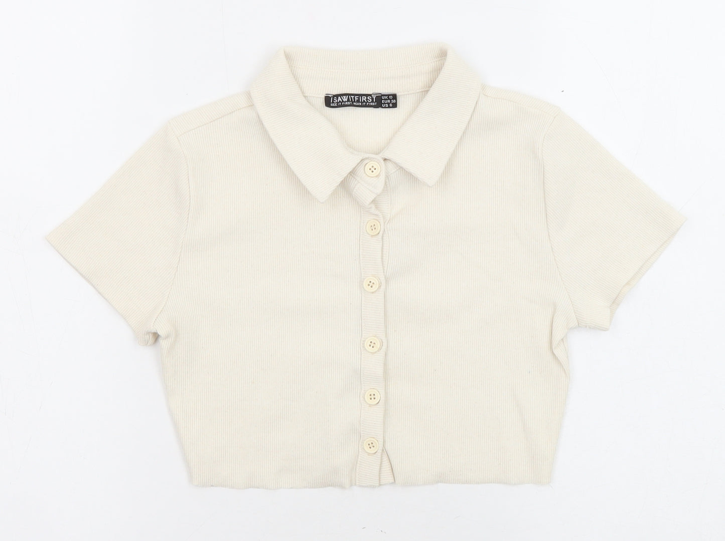 I SAW IT FIRST Womens Beige Cotton Basic Button-Up Size 10 Collared - Cropped