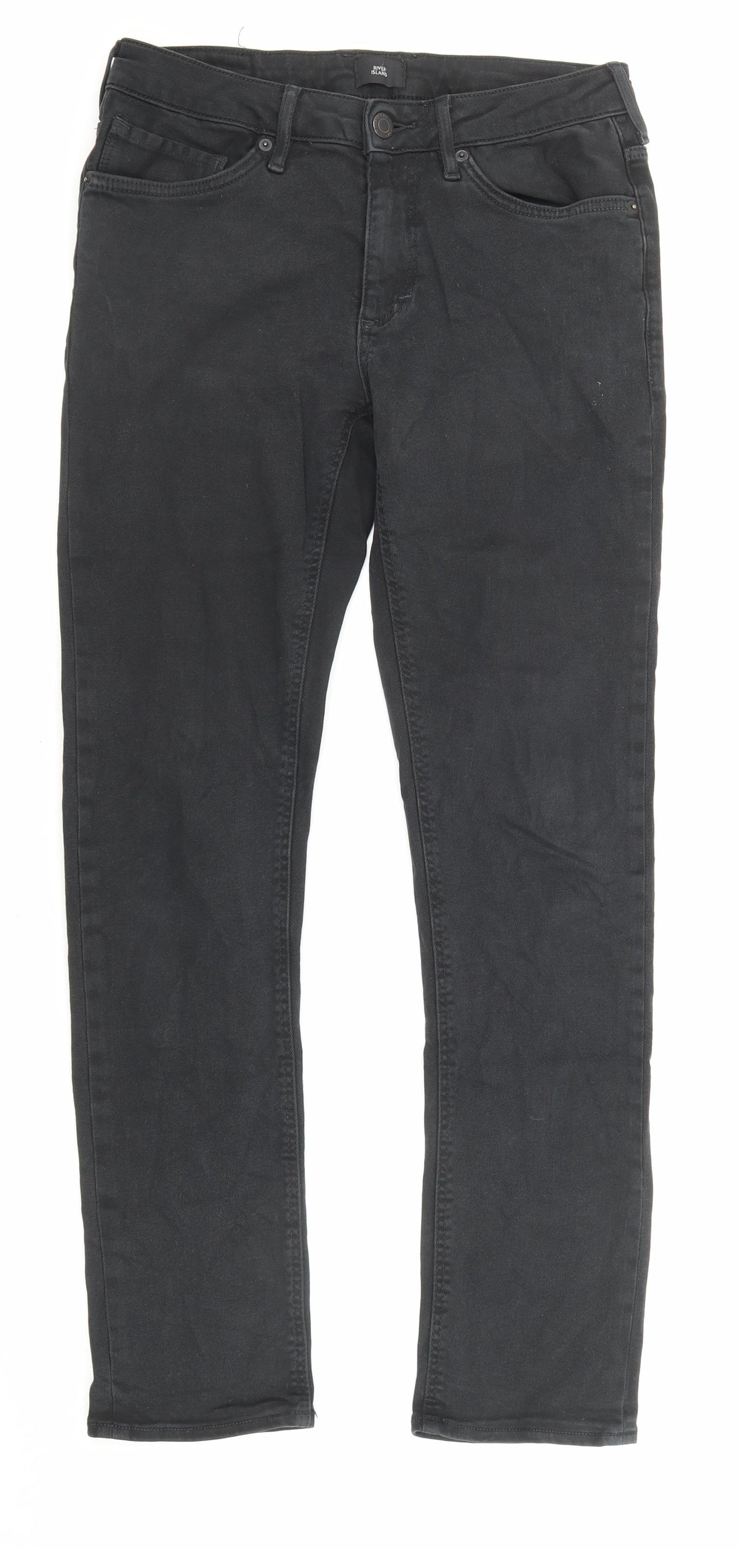 River Island Mens Black Cotton Straight Jeans Size 28 in L34 in Regular Zip - Pockets
