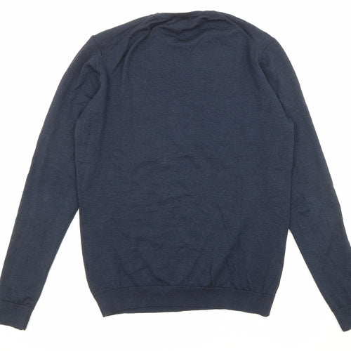 H&M Mens Blue Round Neck Wool Pullover Jumper Size M Long Sleeve