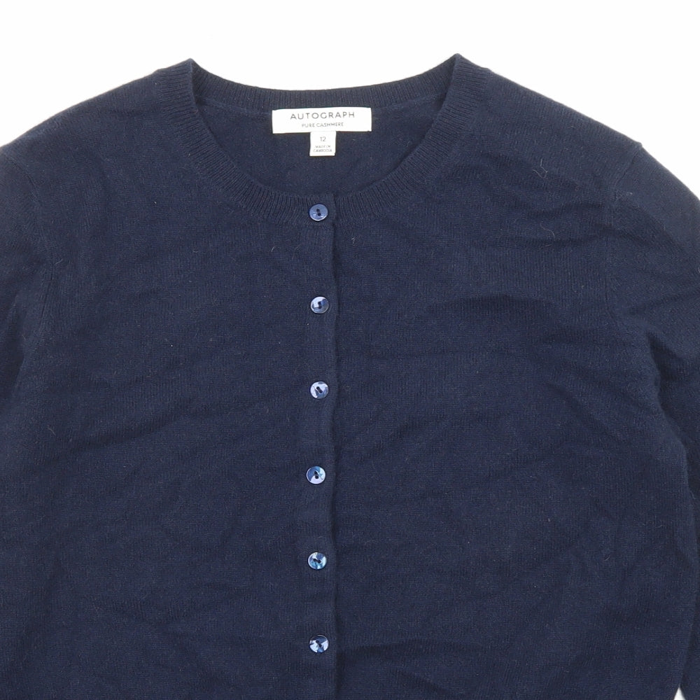 Autograph Womens Blue Crew Neck Cashmere Cardigan Jumper Size 12