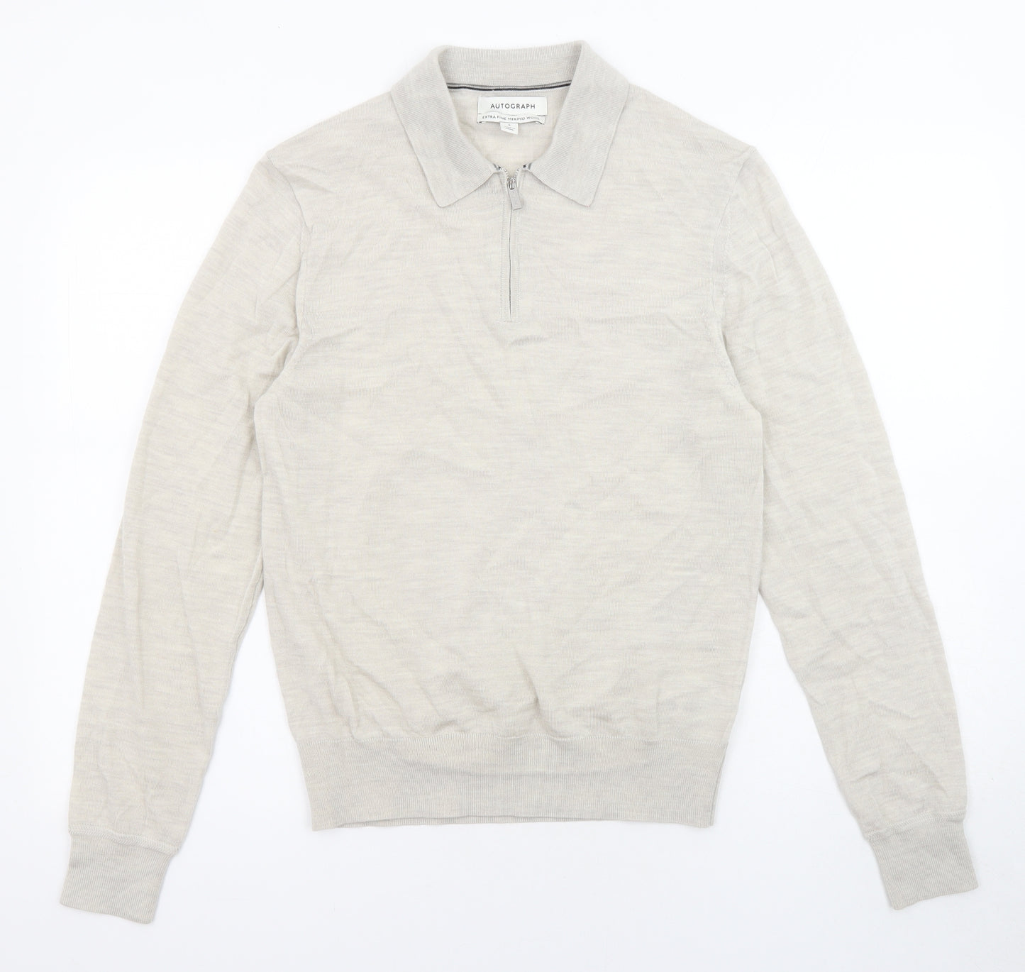 Marks and Spencer Mens Beige Collared Wool Pullover Jumper Size S Long Sleeve - Zip-up