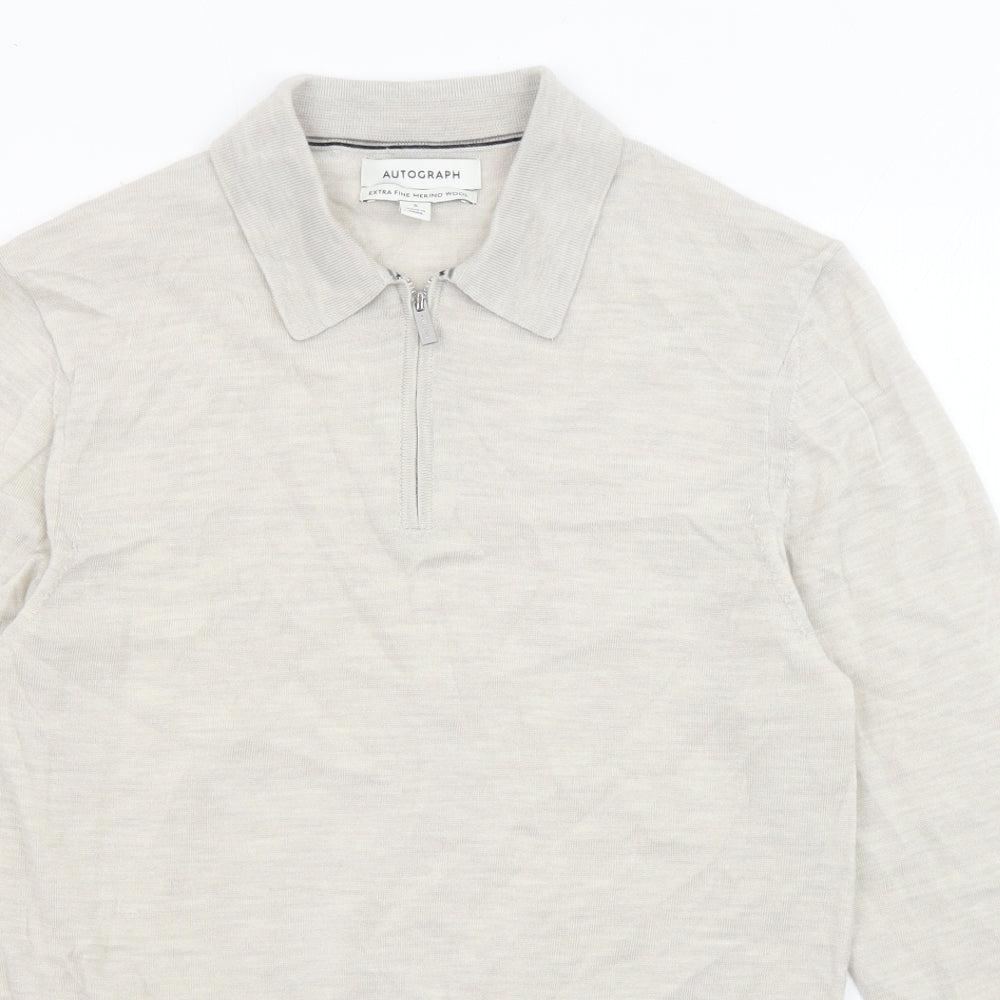 Marks and Spencer Mens Beige Collared Wool Pullover Jumper Size S Long Sleeve - Zip-up