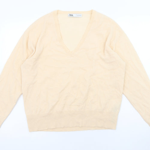 Zara Womens Orange V-Neck Wool Pullover Jumper Size M