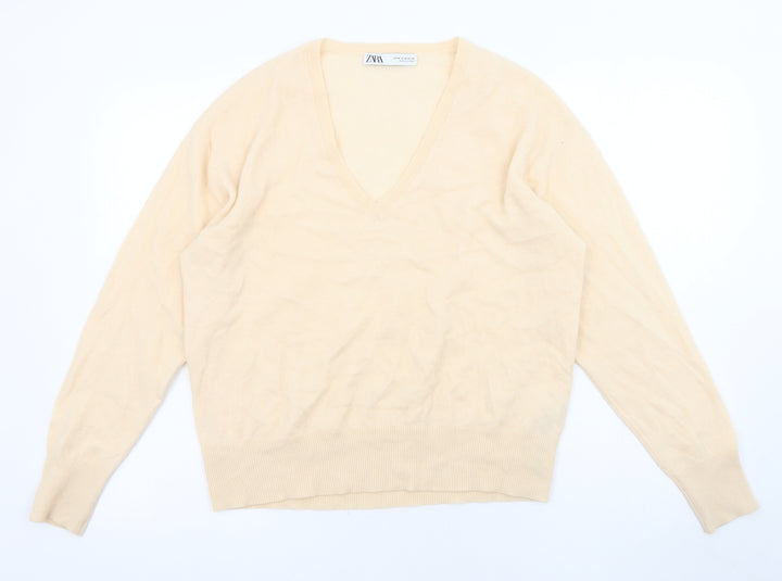 Zara Womens Orange V-Neck Wool Pullover Jumper Size M