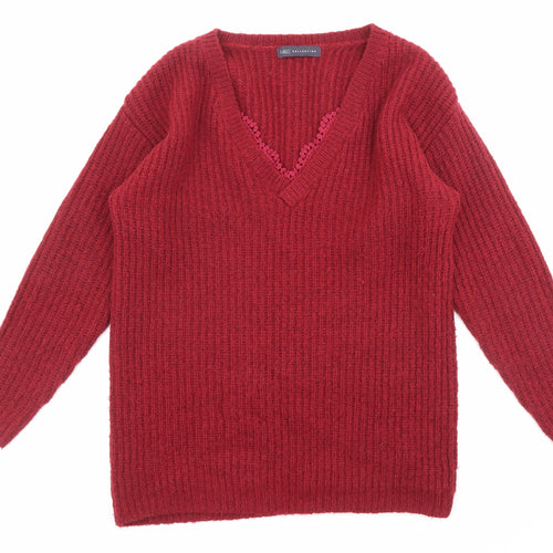 Marks and Spencer Womens Red V-Neck Acrylic Pullover Jumper Size 8