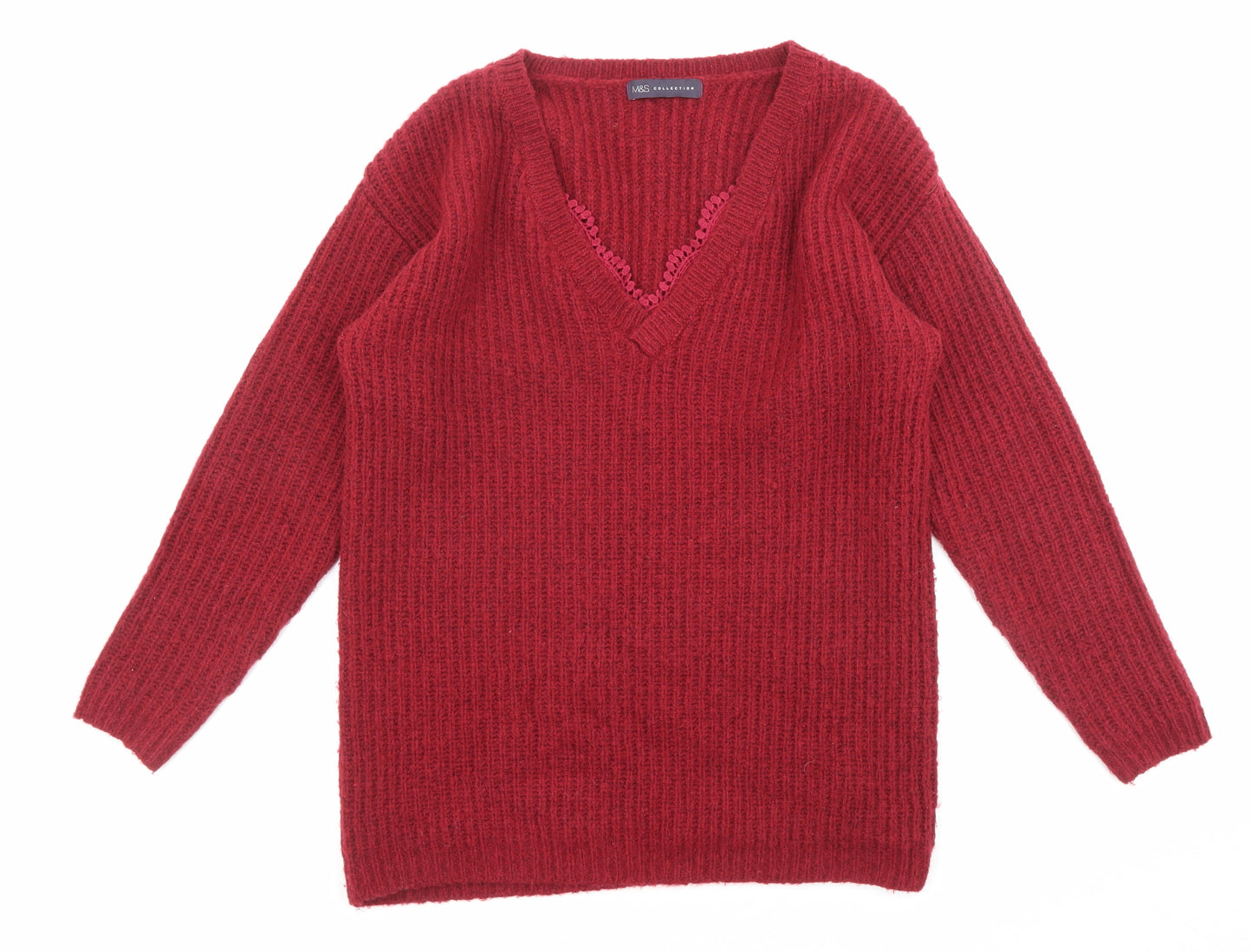 Marks and Spencer Womens Red V-Neck Acrylic Pullover Jumper Size 8