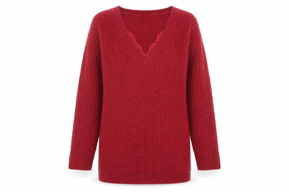 Front view of Marks & Spencer women’s red v-neck acrylic jumper, size UK 8
