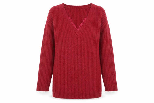 Front view of Marks & Spencer women’s red v-neck acrylic jumper, size UK 8