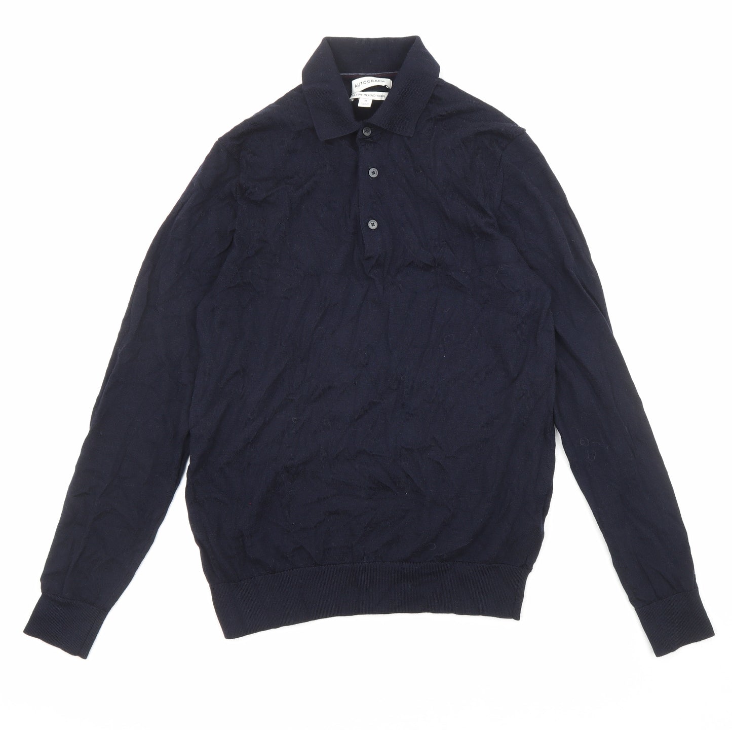 Autograph Mens Blue Collared Wool Pullover Jumper Size M Long Sleeve - Button-up