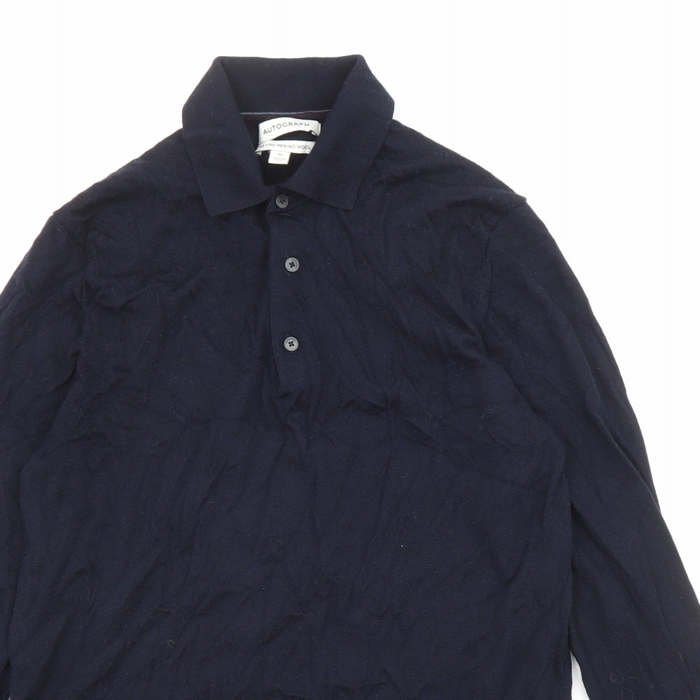 Autograph Mens Blue Collared Wool Pullover Jumper Size M Long Sleeve - Button-up