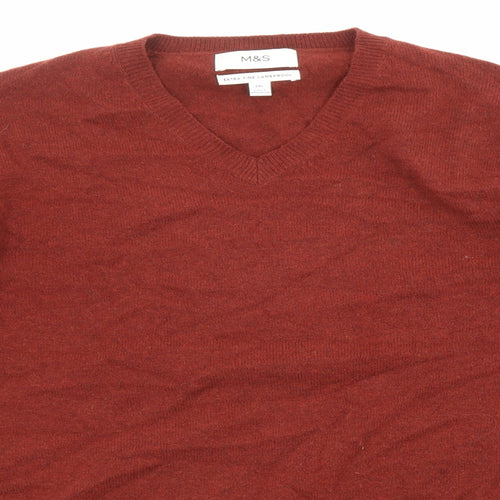Marks and Spencer Mens Red V-Neck Wool Pullover Jumper Size 2XL Long Sleeve