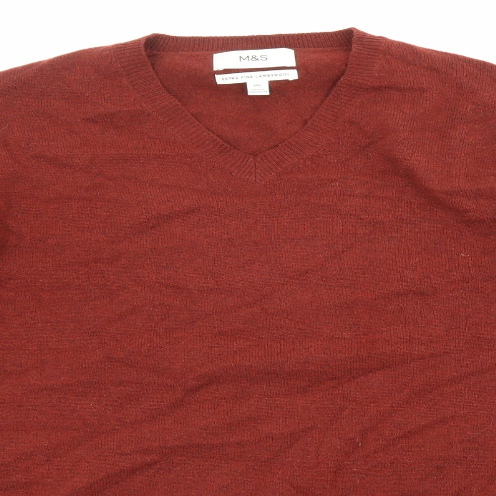 Marks and Spencer Mens Red V-Neck Wool Pullover Jumper Size 2XL Long Sleeve